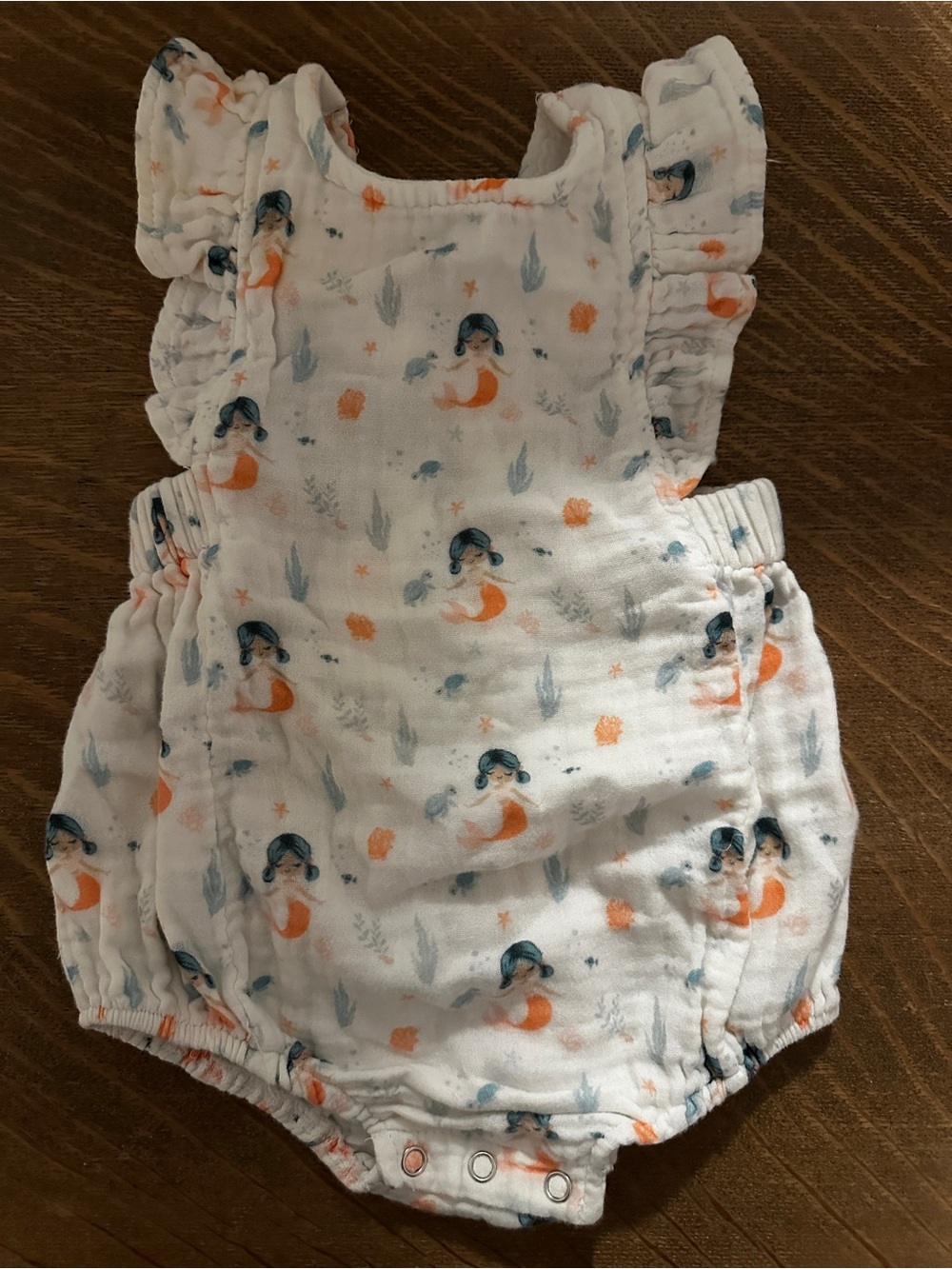 Baby Girls White Muslin Diaper Cover Romper with Orange & Blue Mermaid Print